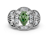 White gold Fancy Green Pear Cut Halo Milgrain Diamond Engagement Ring with Leaf Band and Four-Prong Setting