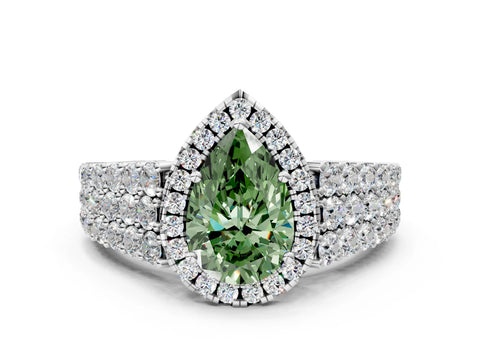 White gold Fancy Green Pear Cut Halo Pavé Diamond Engagement Ring with Split Shank and Four-Prong Setting_3
