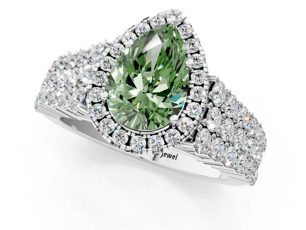 White gold Fancy Green Pear Cut Halo Pavé Diamond Engagement Ring with Split Shank and Four-Prong Setting