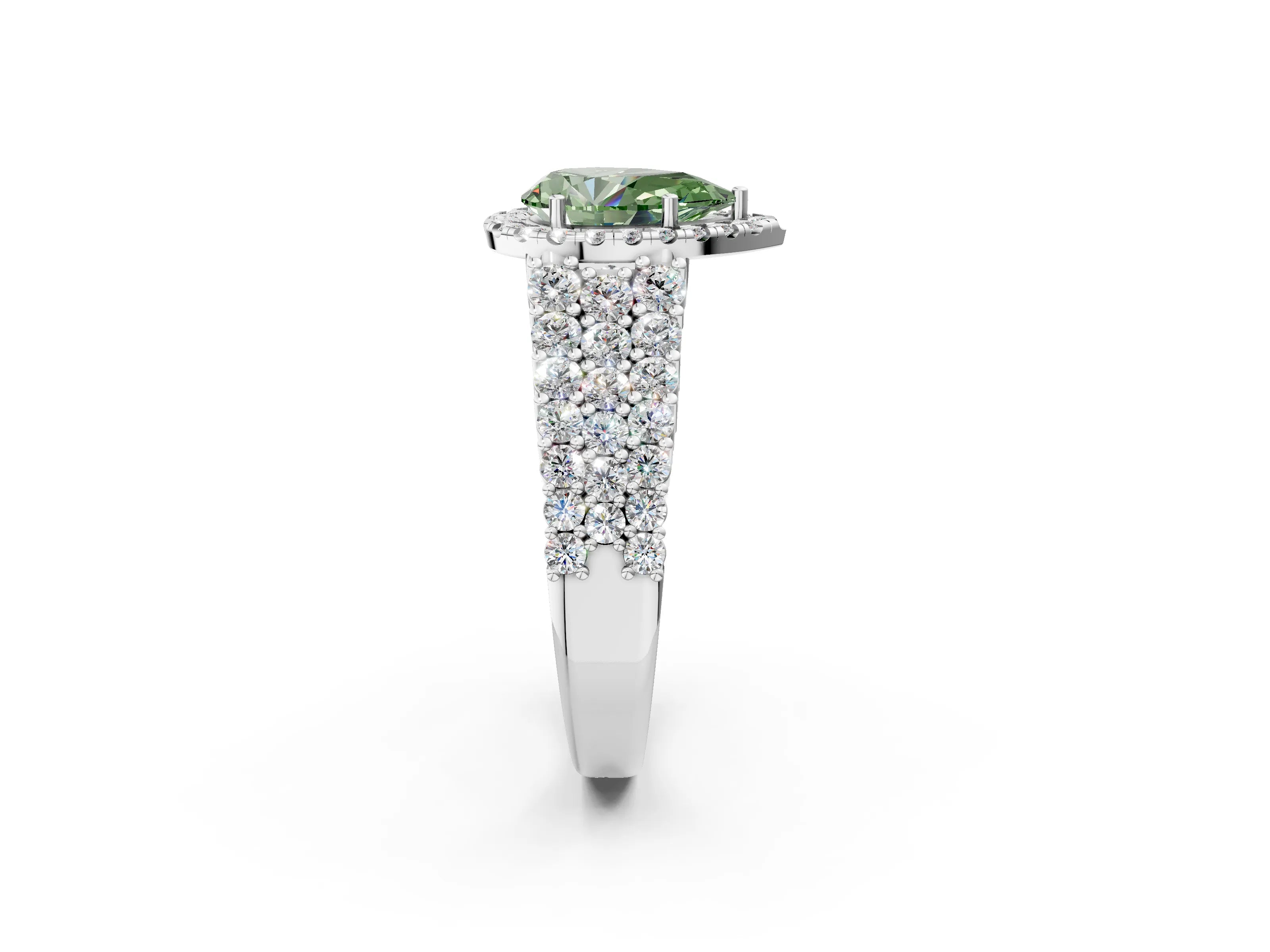 White gold Fancy Green Pear Cut Halo Pavé Diamond Engagement Ring with Split Shank and Four-Prong Setting_5
