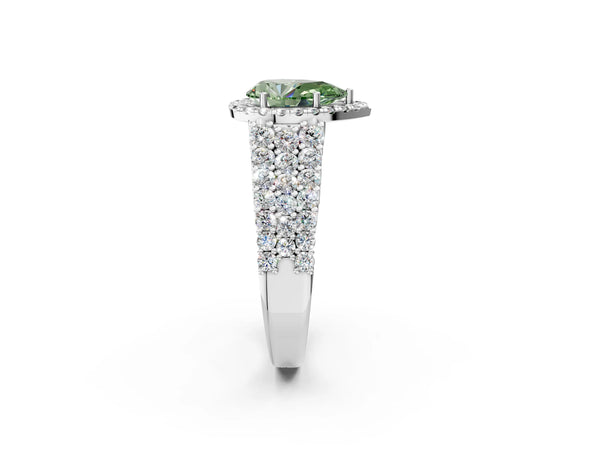 White gold Fancy Green Pear Cut Halo Pavé Diamond Engagement Ring with Split Shank and Four-Prong Setting
