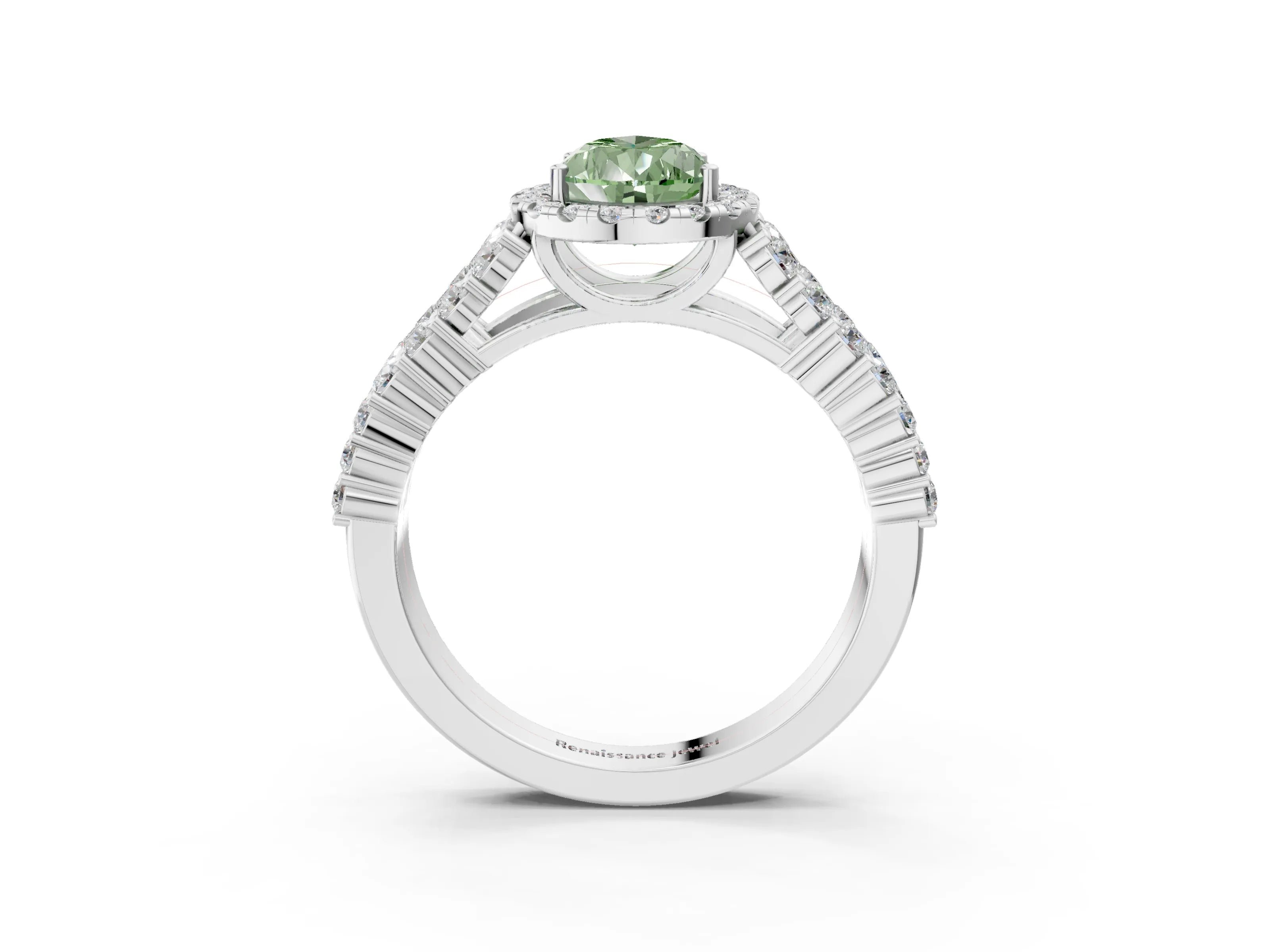 White gold Fancy Green Pear Cut Halo Pavé Diamond Engagement Ring with Split Shank and Four-Prong Setting_6