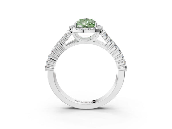 White gold Fancy Green Pear Cut Halo Pavé Diamond Engagement Ring with Split Shank and Four-Prong Setting