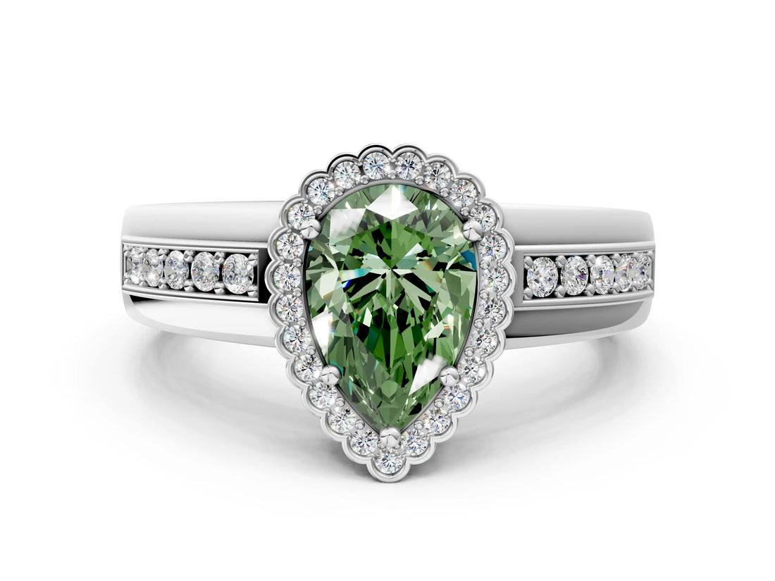 White gold Fancy Green Pear  Cut Halo Pave Band Four-Prong Ring_49