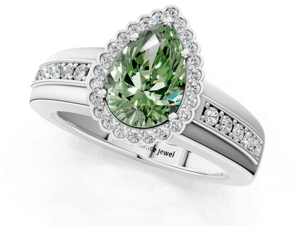 Platinum Fancy Green Pear  Cut Halo Pave Band Four-Prong Ring