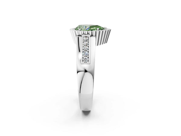 Platinum Fancy Green Pear  Cut Halo Pave Band Four-Prong Ring