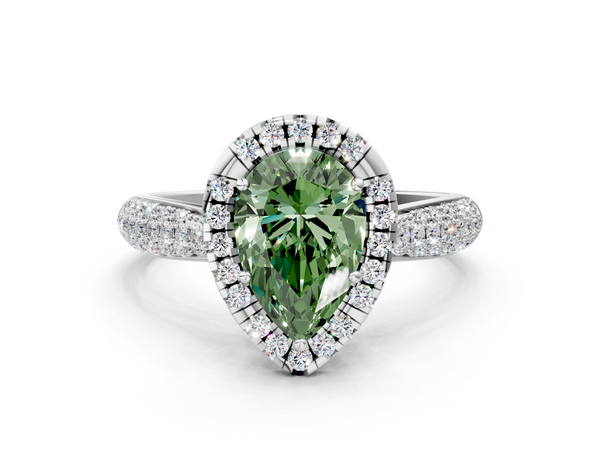 Platinum Fancy Green Pear  Cut Halo Pave Band Four-Prong Setting Ring