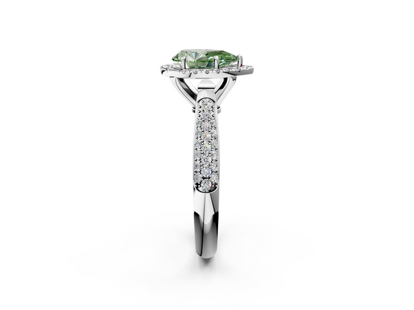 Platinum Fancy Green Pear  Cut Halo Pave Band Four-Prong Setting Ring