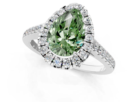 White gold Fancy Green Pear Cut Halo Pave Diamond Engagement Ring with Four-Prong Setting_1