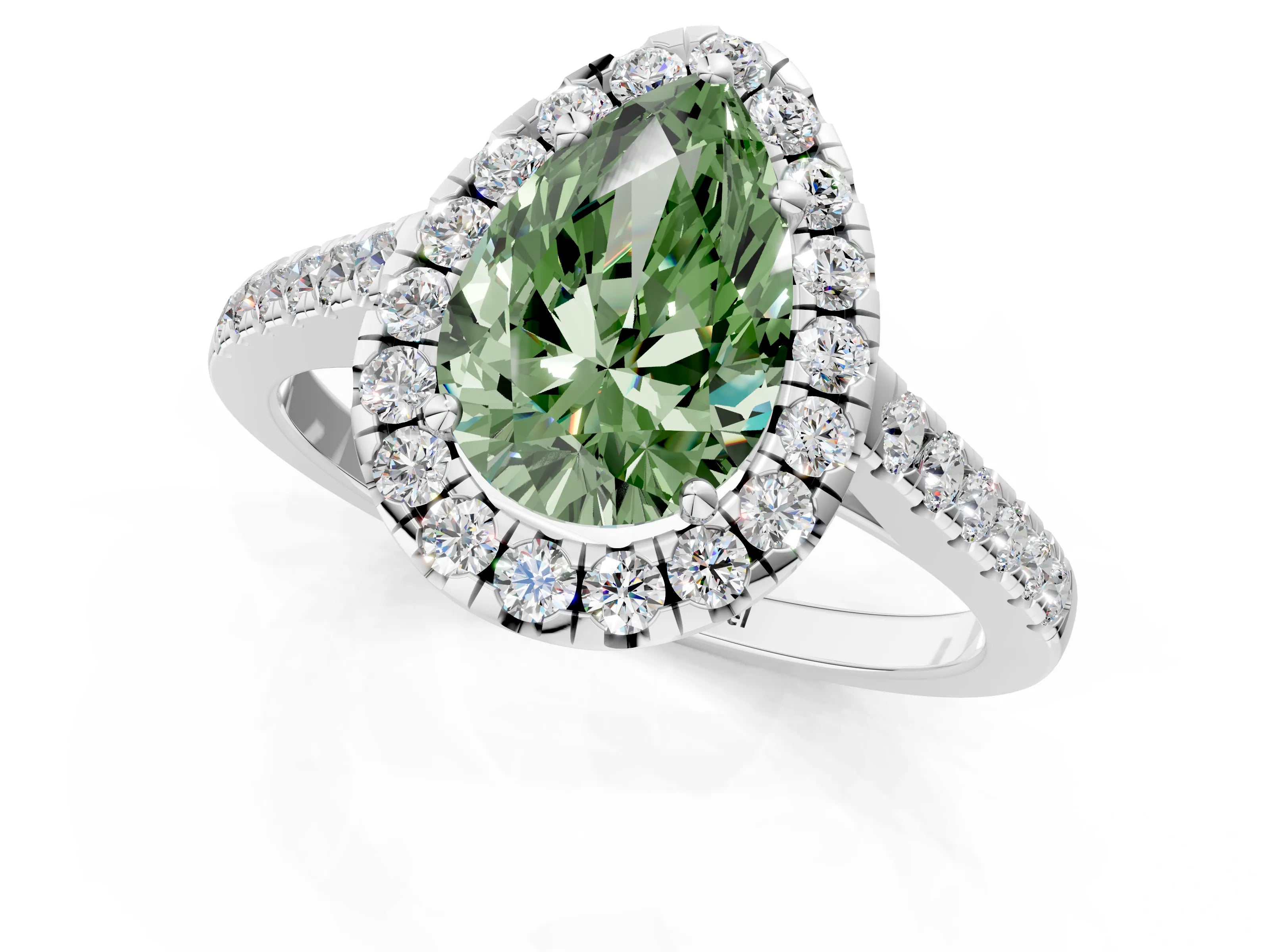 White gold Fancy Green Pear Cut Halo Pave Diamond Engagement Ring with Four-Prong Setting_1