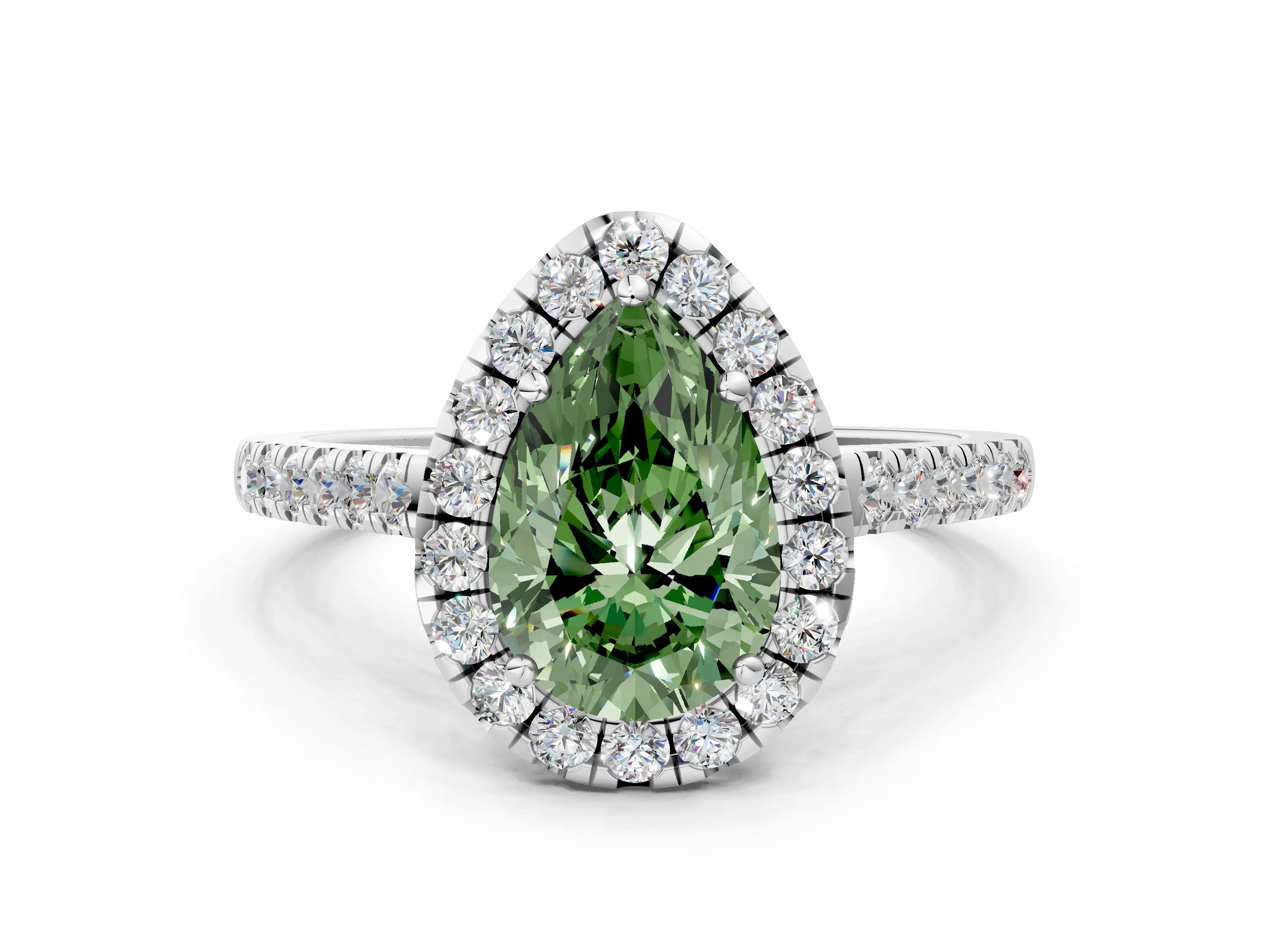 White gold Fancy Green Pear Cut Halo Pave Diamond Engagement Ring with Four-Prong Setting