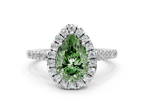 White gold Fancy Green Pear Cut Halo Pave Diamond Engagement Ring with Four-Prong Setting