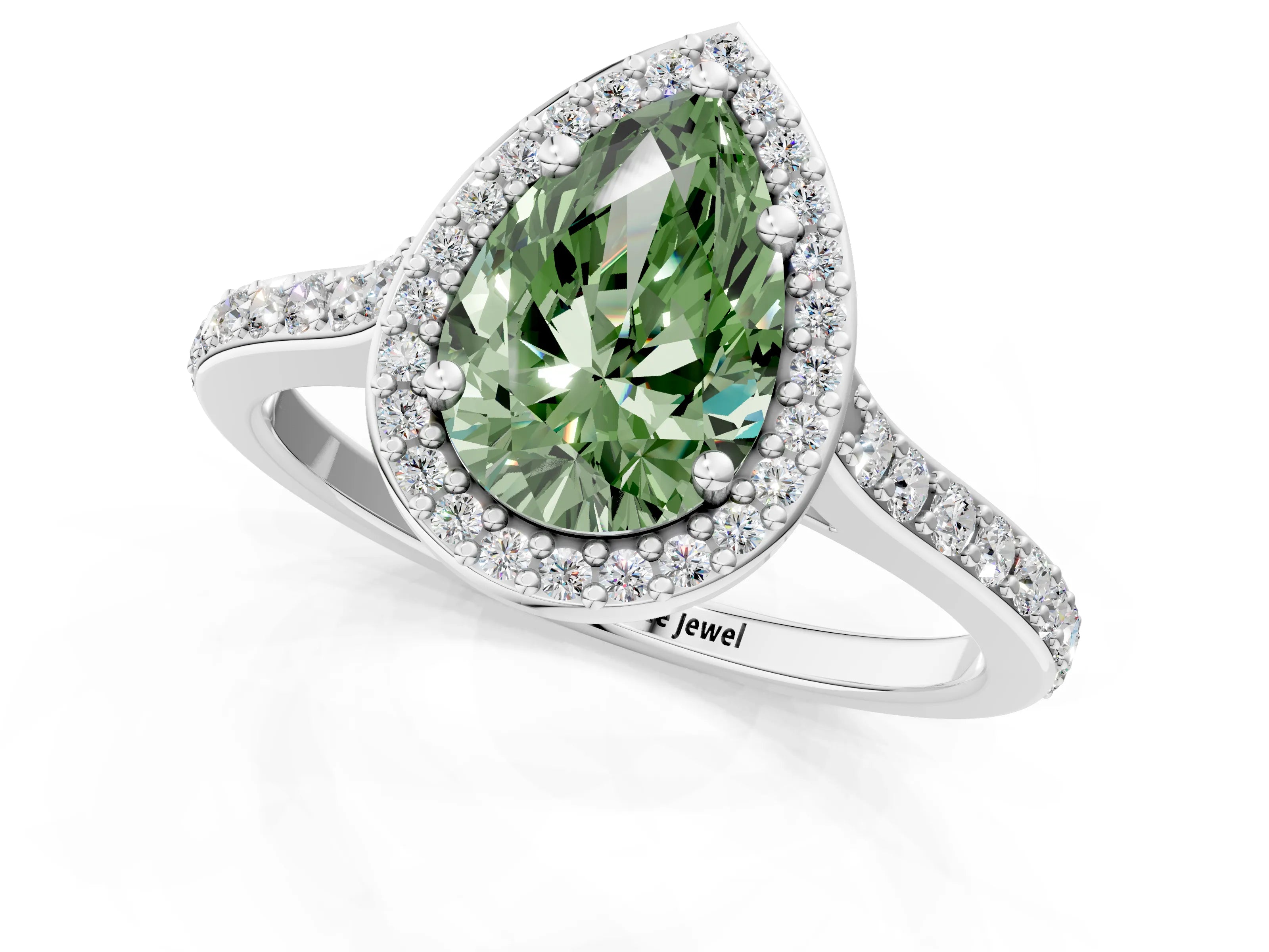 White gold Fancy Green Pear Cut Halo Round Diamond Pavé Band with Four-Prong Setting_16