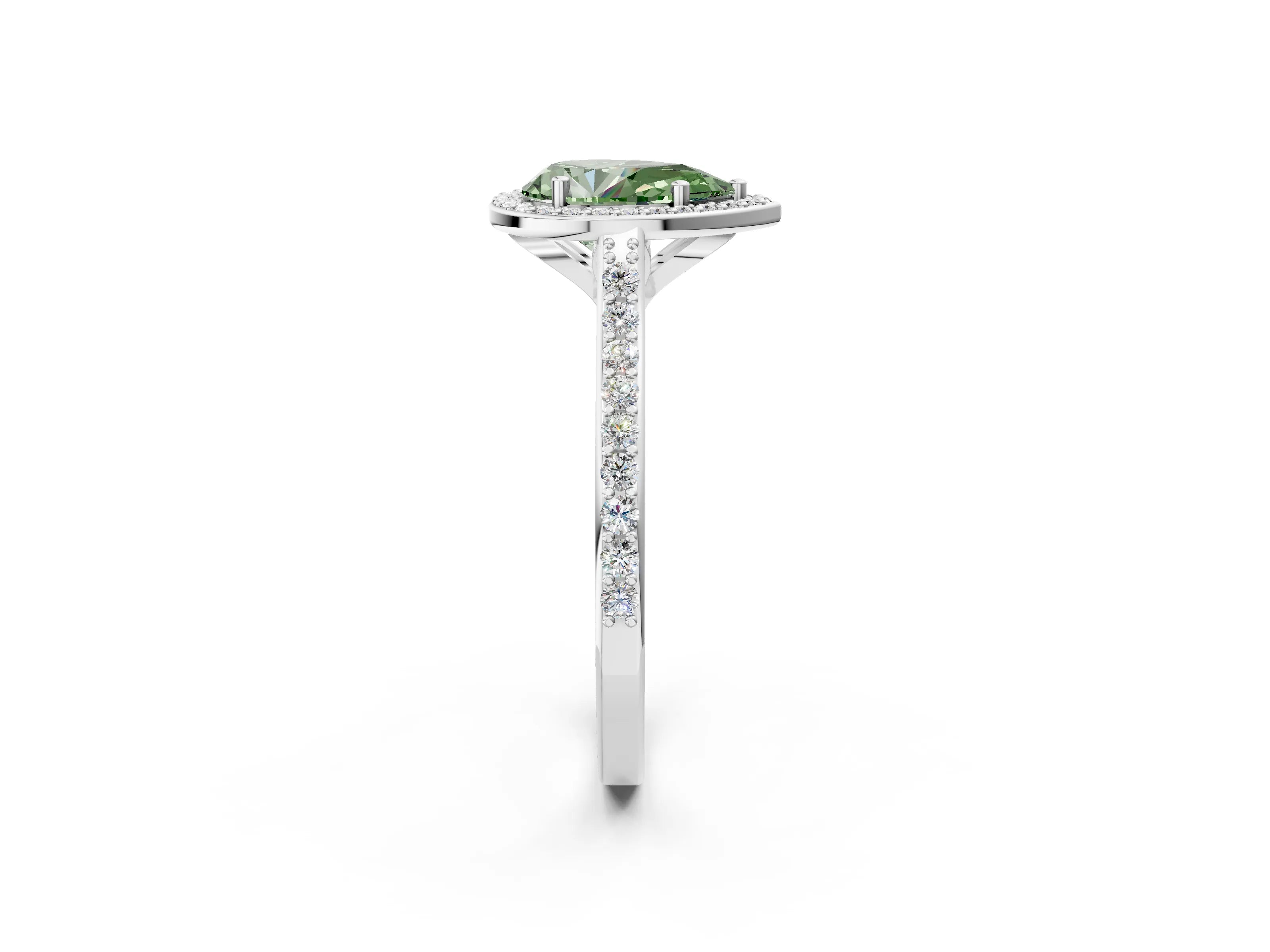 White gold Fancy Green Pear Cut Halo Round Diamond Pavé Band with Four-Prong Setting_17