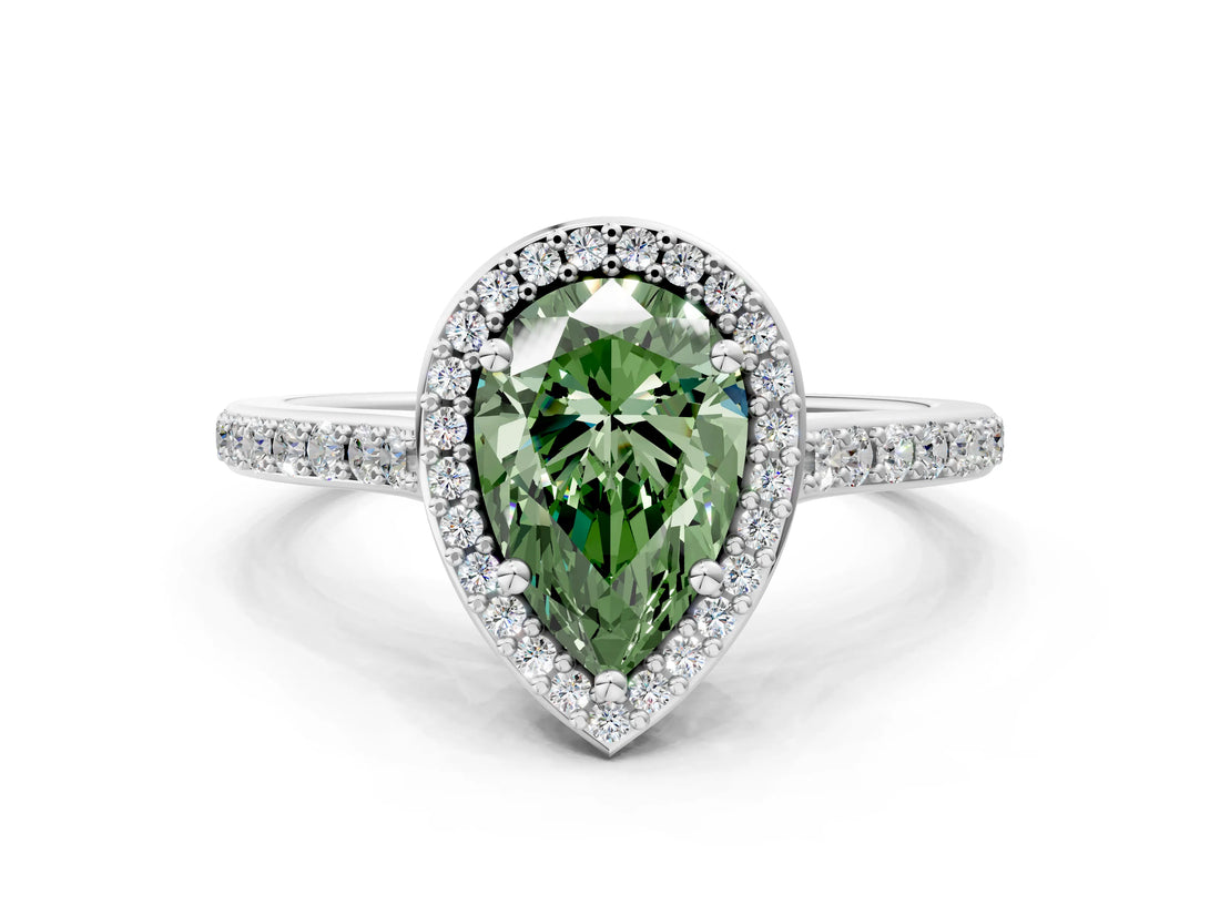 White gold Fancy Green Pear Cut Halo Round Diamond Pavé Band with Four-Prong Setting_21