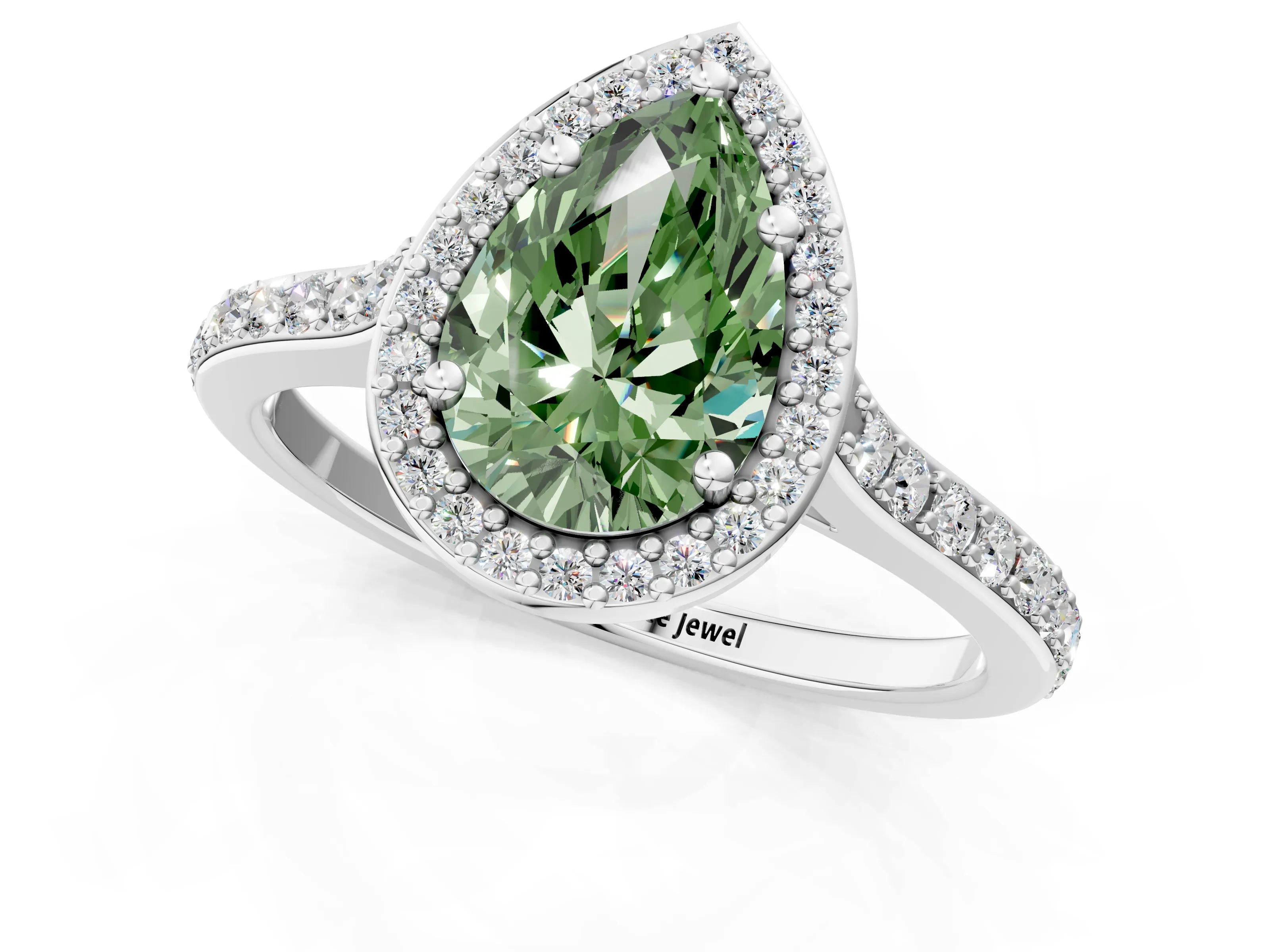 White gold Fancy Green Pear Cut Halo Round Diamond Pavé Band with Four-Prong Setting_22