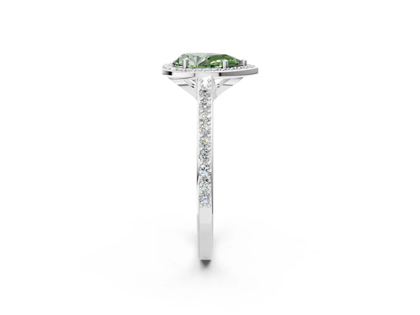 White gold Fancy Green Pear Cut Halo Round Diamond Pavé Band with Four-Prong Setting