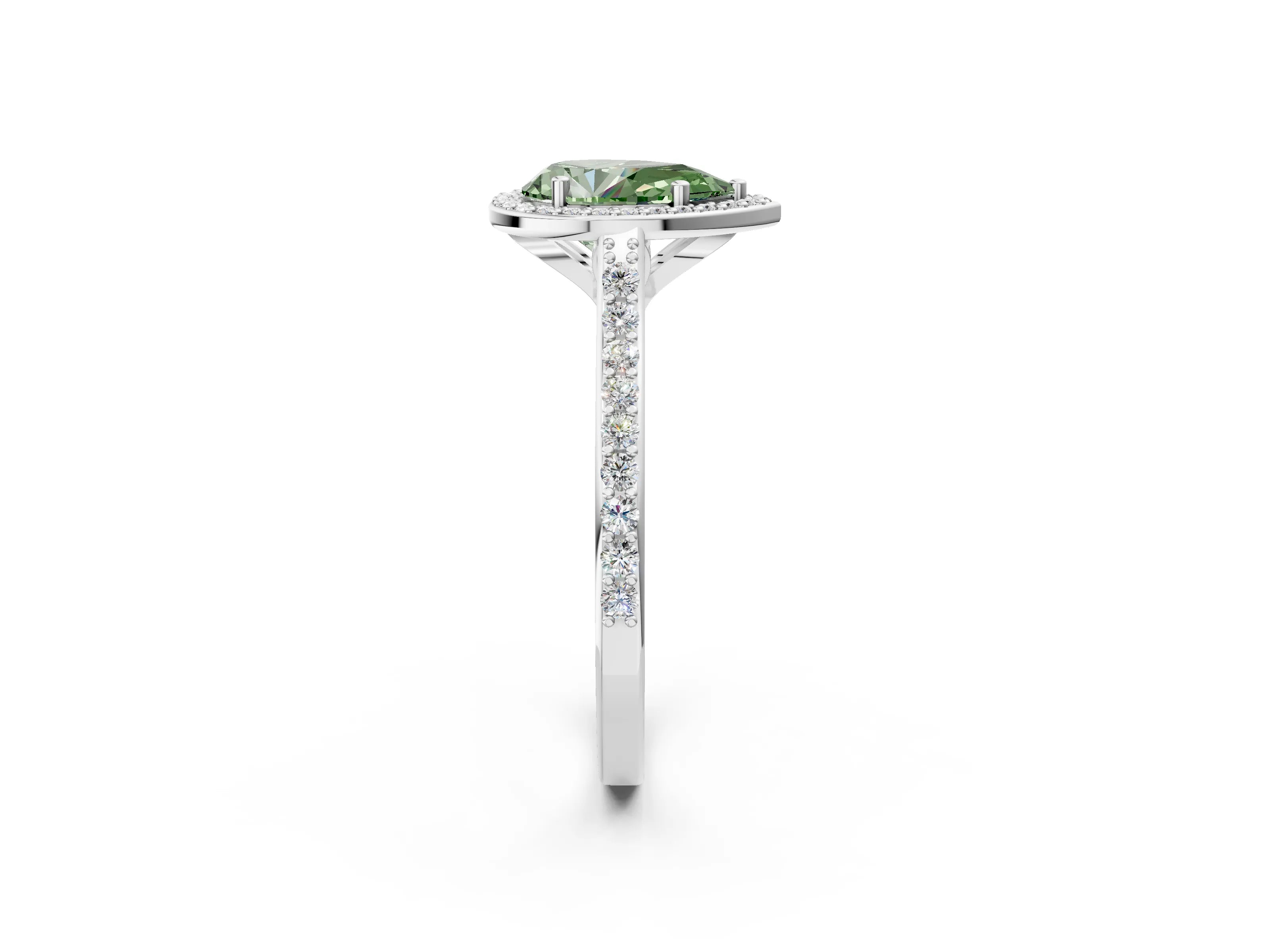 White gold Fancy Green Pear Cut Halo Round Diamond Pavé Band with Four-Prong Setting_24