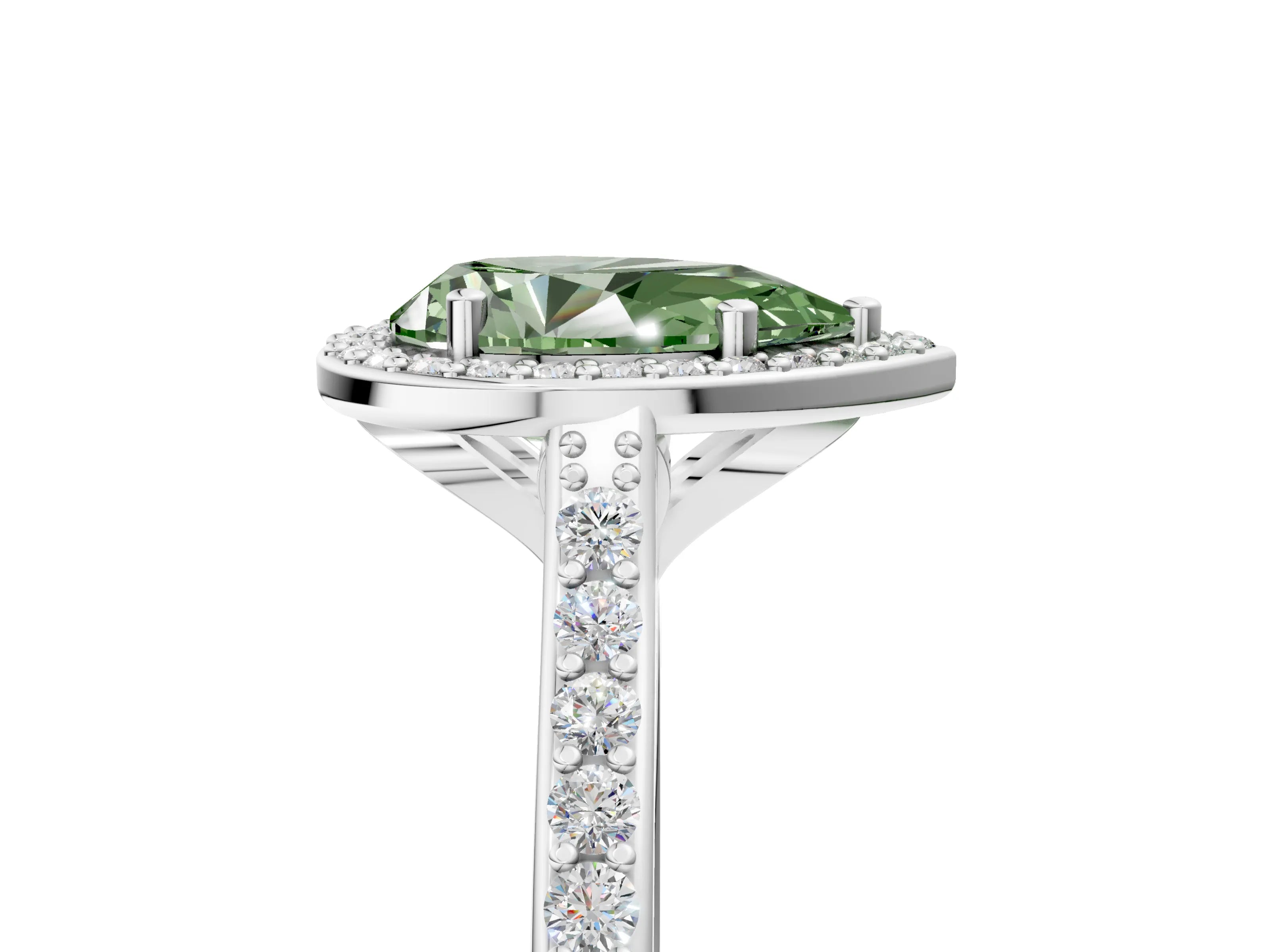 White gold Fancy Green Pear Cut Halo Round Diamond Pavé Band with Four-Prong Setting_26
