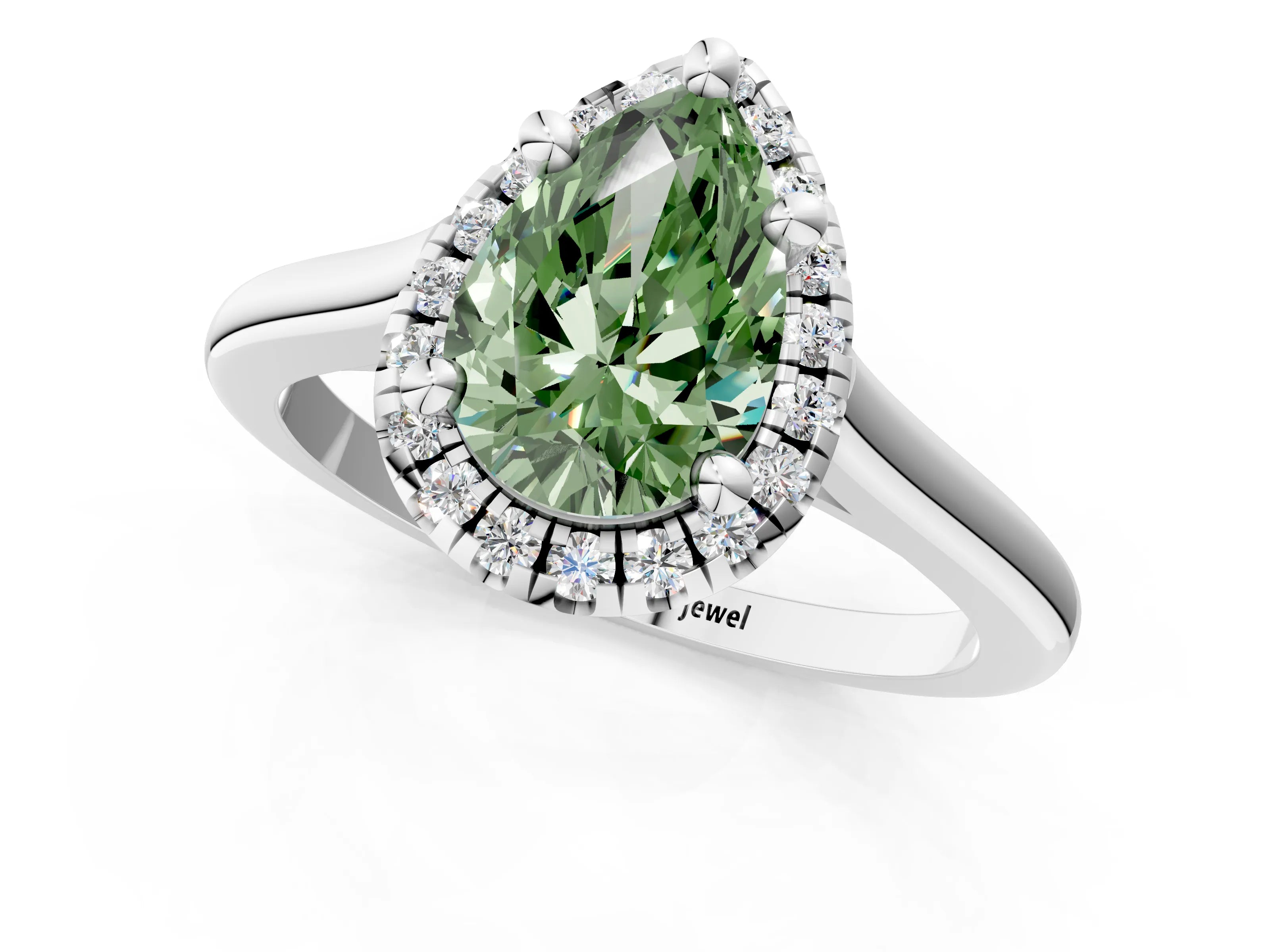 White gold Fancy Green Pear Cut Halo Round Diamond Solitaire Engagement Ring with Pave Band and Four-Prong Setting_13