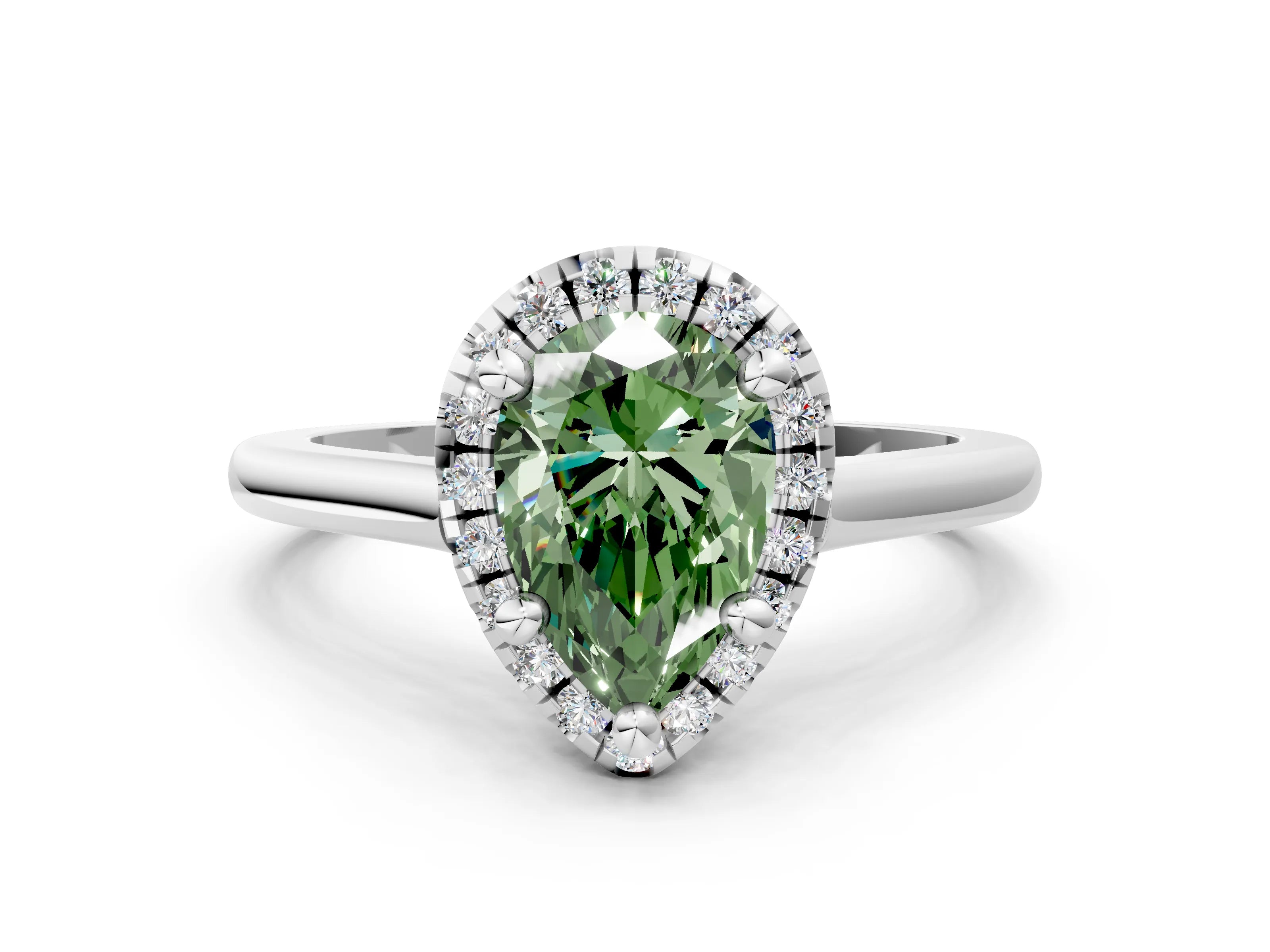 White gold Fancy Green Pear Cut Halo Round Diamond Solitaire Engagement Ring with Pave Band and Four-Prong Setting_24