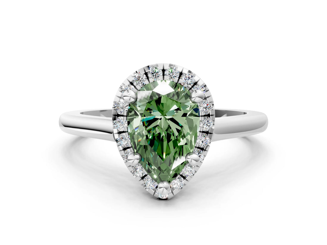 White gold Fancy Green Pear Cut Halo Round Diamond Solitaire Engagement Ring with Pave Band and Four-Prong Setting_25