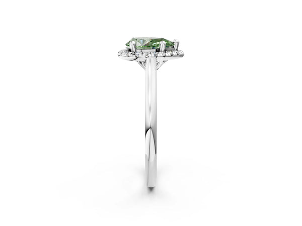 Platinum Fancy Green Pear Cut Halo Round Diamond Solitaire Engagement Ring with Pave Band and Four-Prong Setting