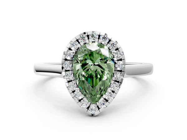 White gold Fancy Green Pear Cut Halo Round Diamond Solitaire Ring with Pavé Band and Four-Prong Setting