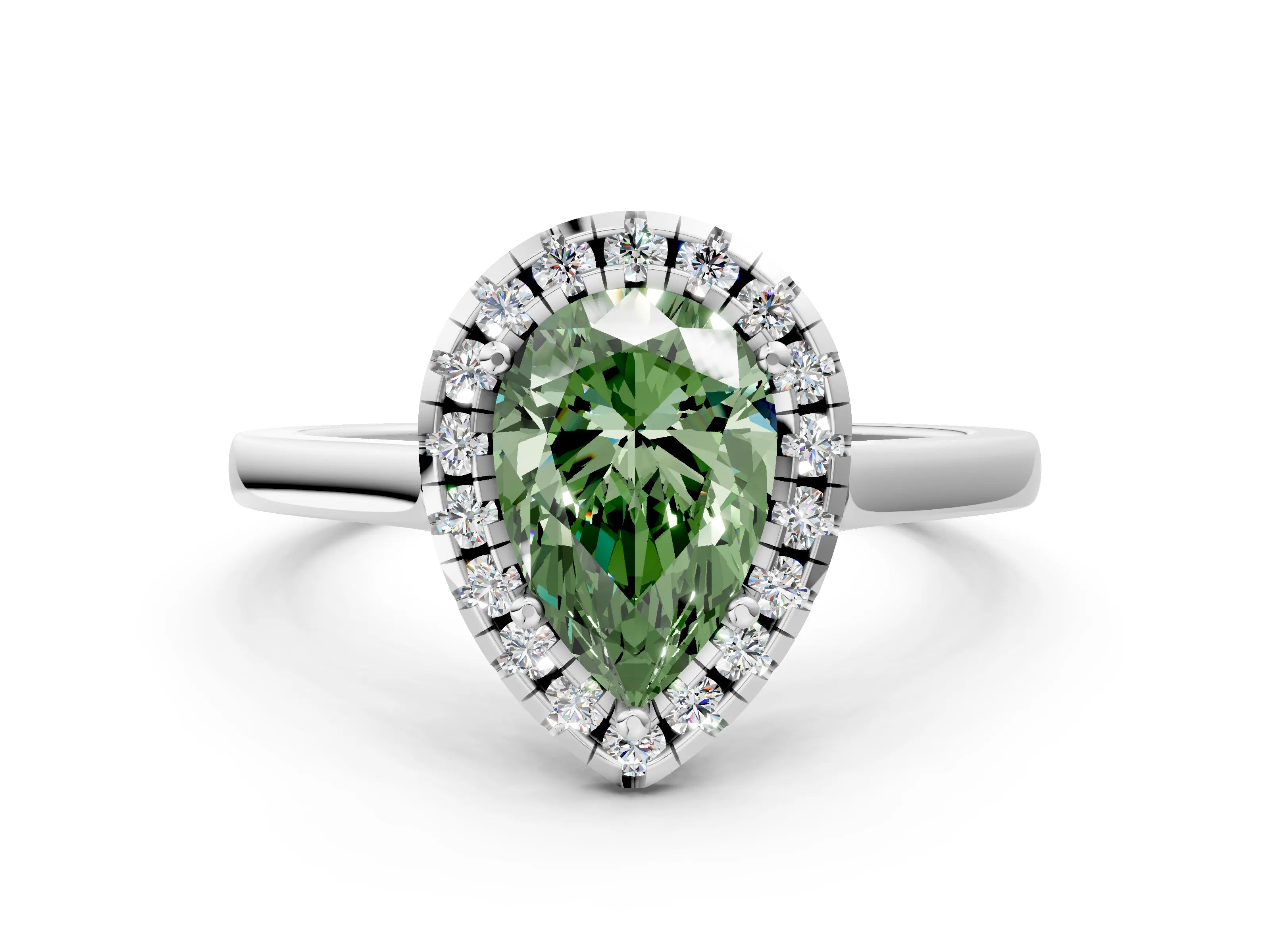 White gold Fancy Green Pear Cut Halo Round Diamond Solitaire Ring with Pavé Band and Four-Prong Setting_12