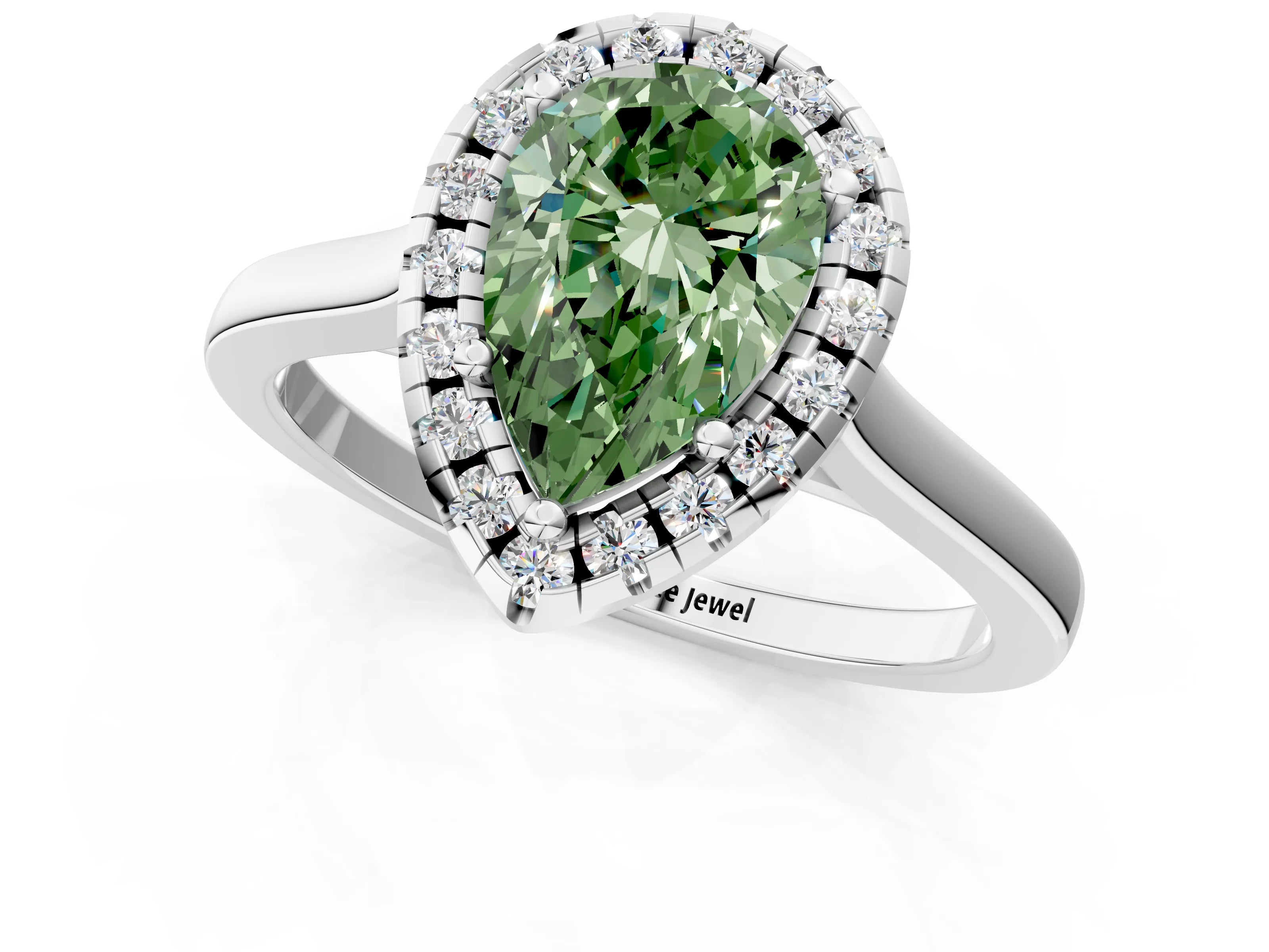 White gold Fancy Green Pear Cut Halo Round Diamond Solitaire Ring with Pavé Band and Four-Prong Setting_13