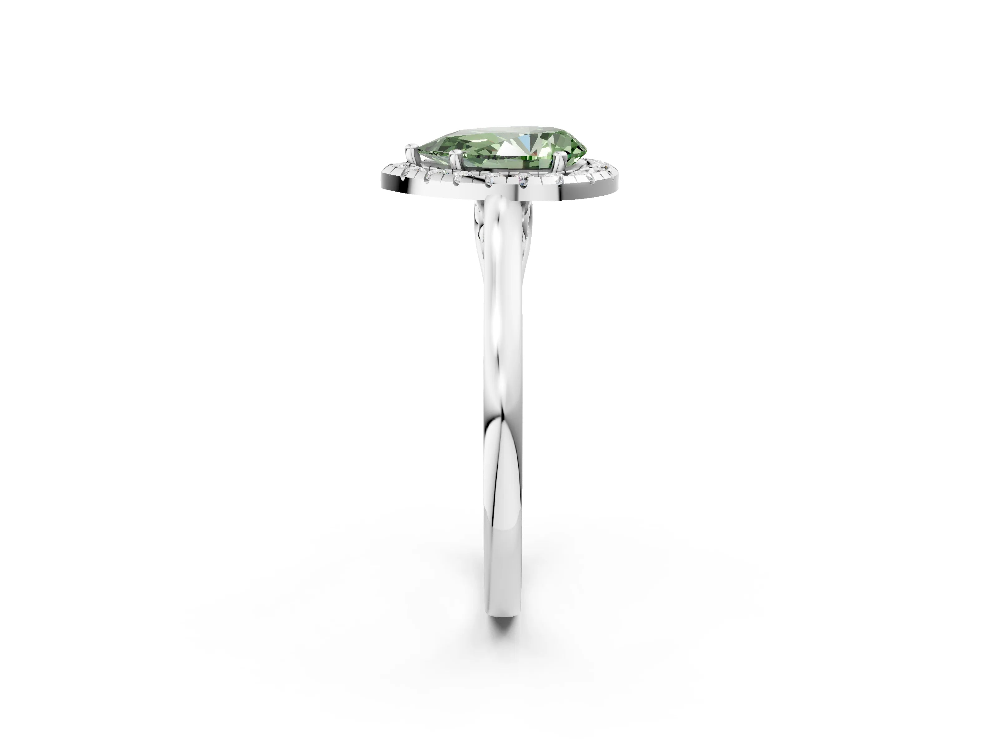 White gold Fancy Green Pear Cut Halo Round Diamond Solitaire Ring with Pavé Band and Four-Prong Setting_14