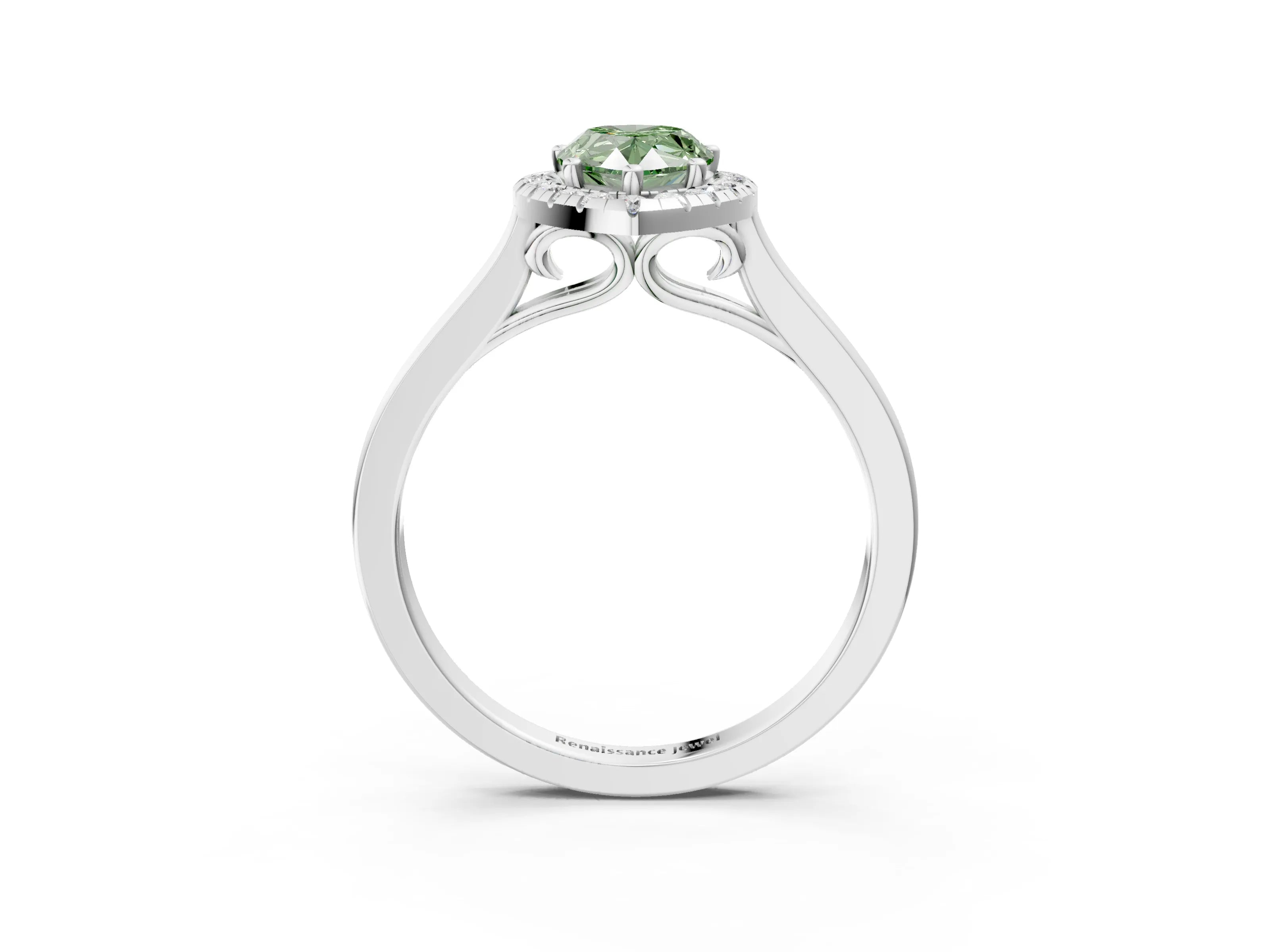 White gold Fancy Green Pear Cut Halo Round Diamond Solitaire Ring with Pavé Band and Four-Prong Setting_15