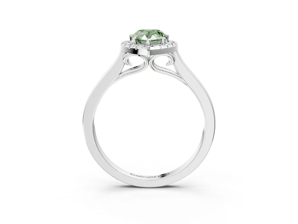 White gold Fancy Green Pear Cut Halo Round Diamond Solitaire Ring with Pavé Band and Four-Prong Setting