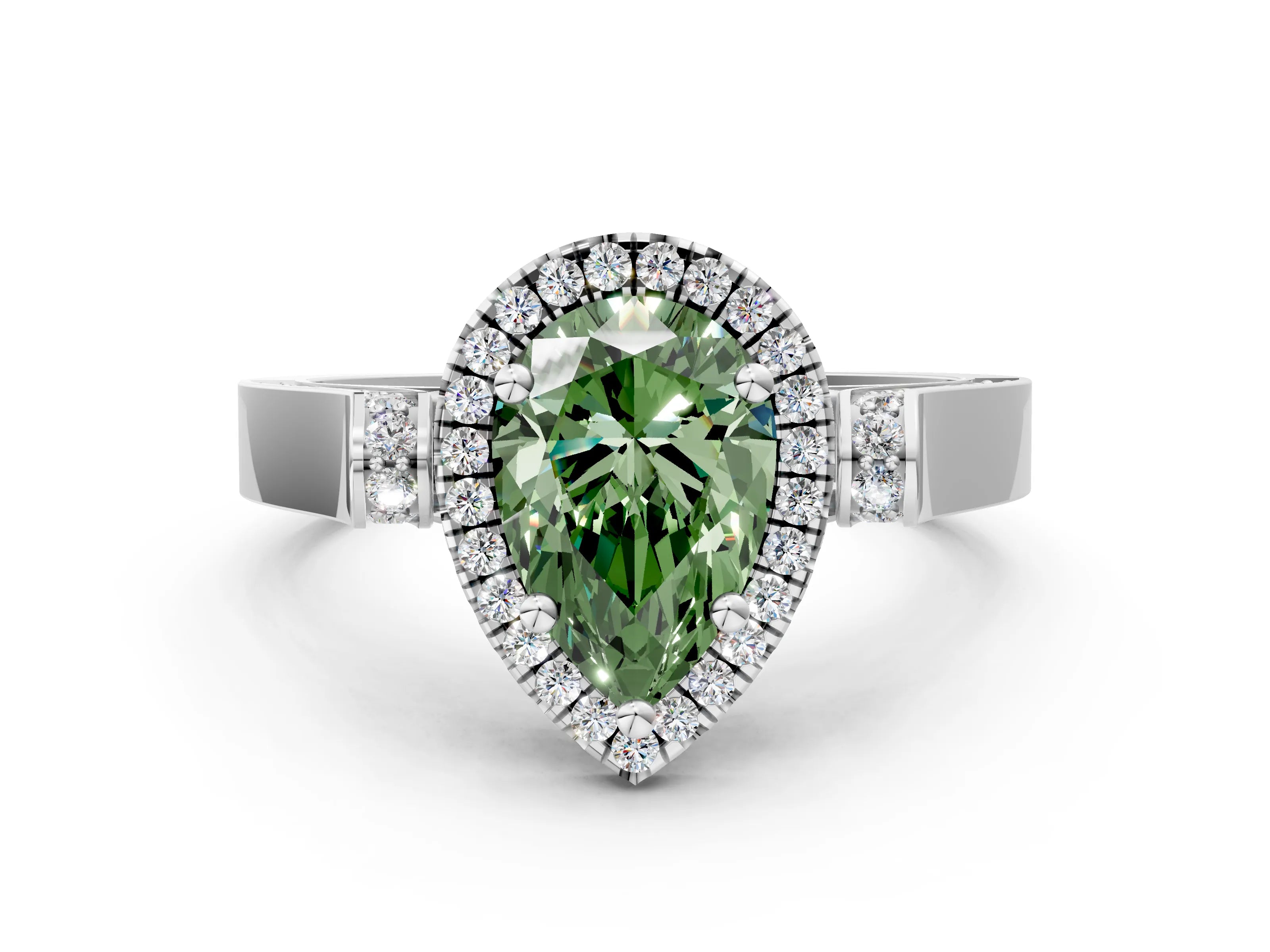 White gold Fancy Green Pear Cut Halo Round Diamond Twist Band with Four-Prong Setting_24