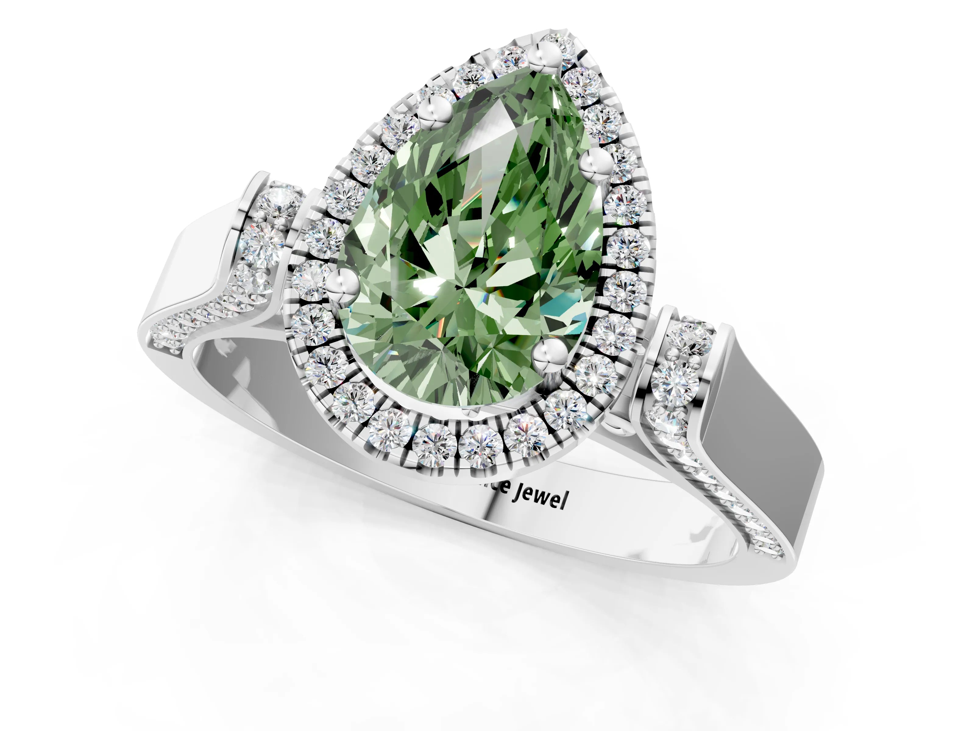 White gold Fancy Green Pear Cut Halo Round Diamond Twist Band with Four-Prong Setting_25