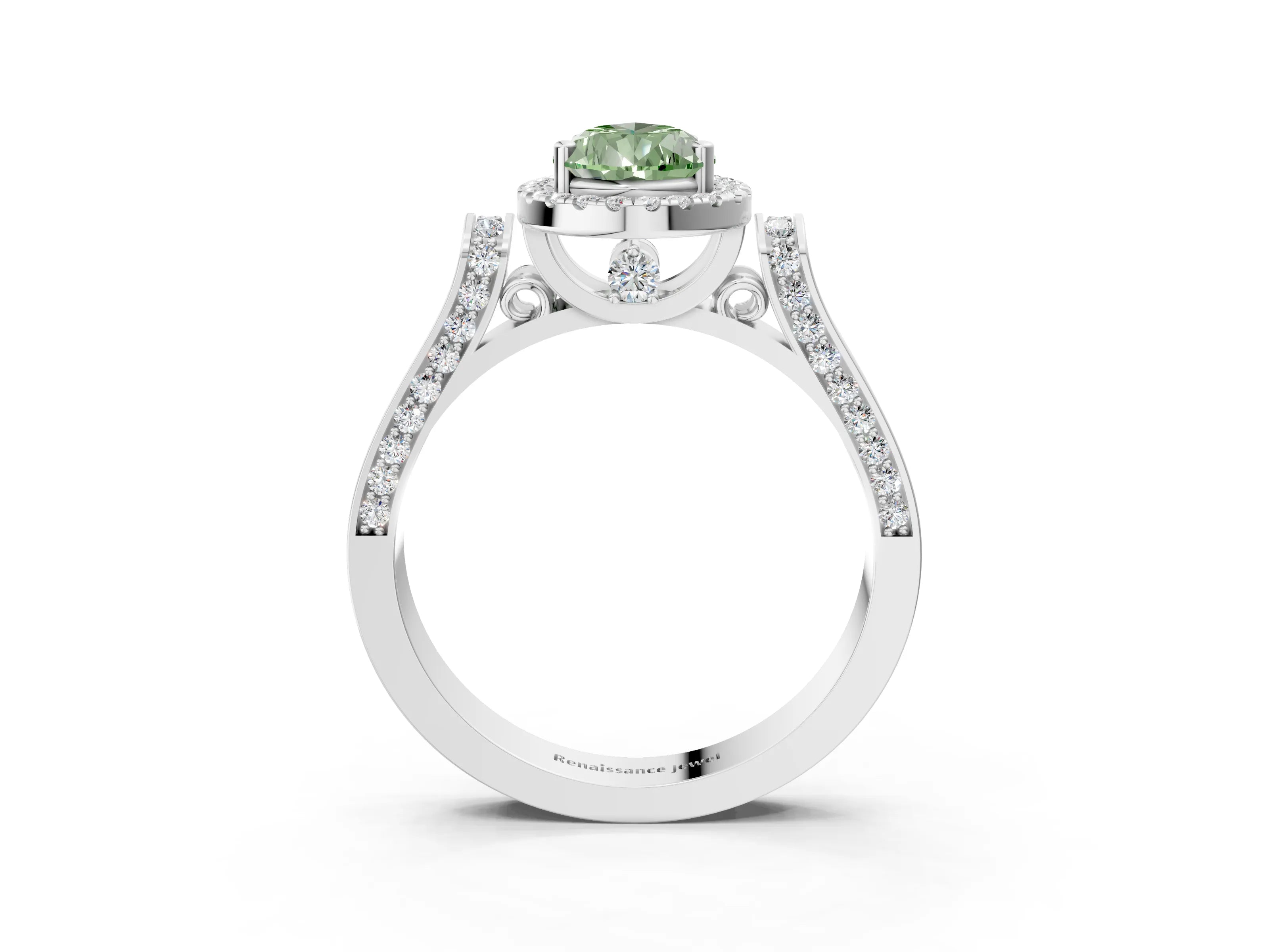 White gold Fancy Green Pear Cut Halo Round Diamond Twist Band with Four-Prong Setting_27