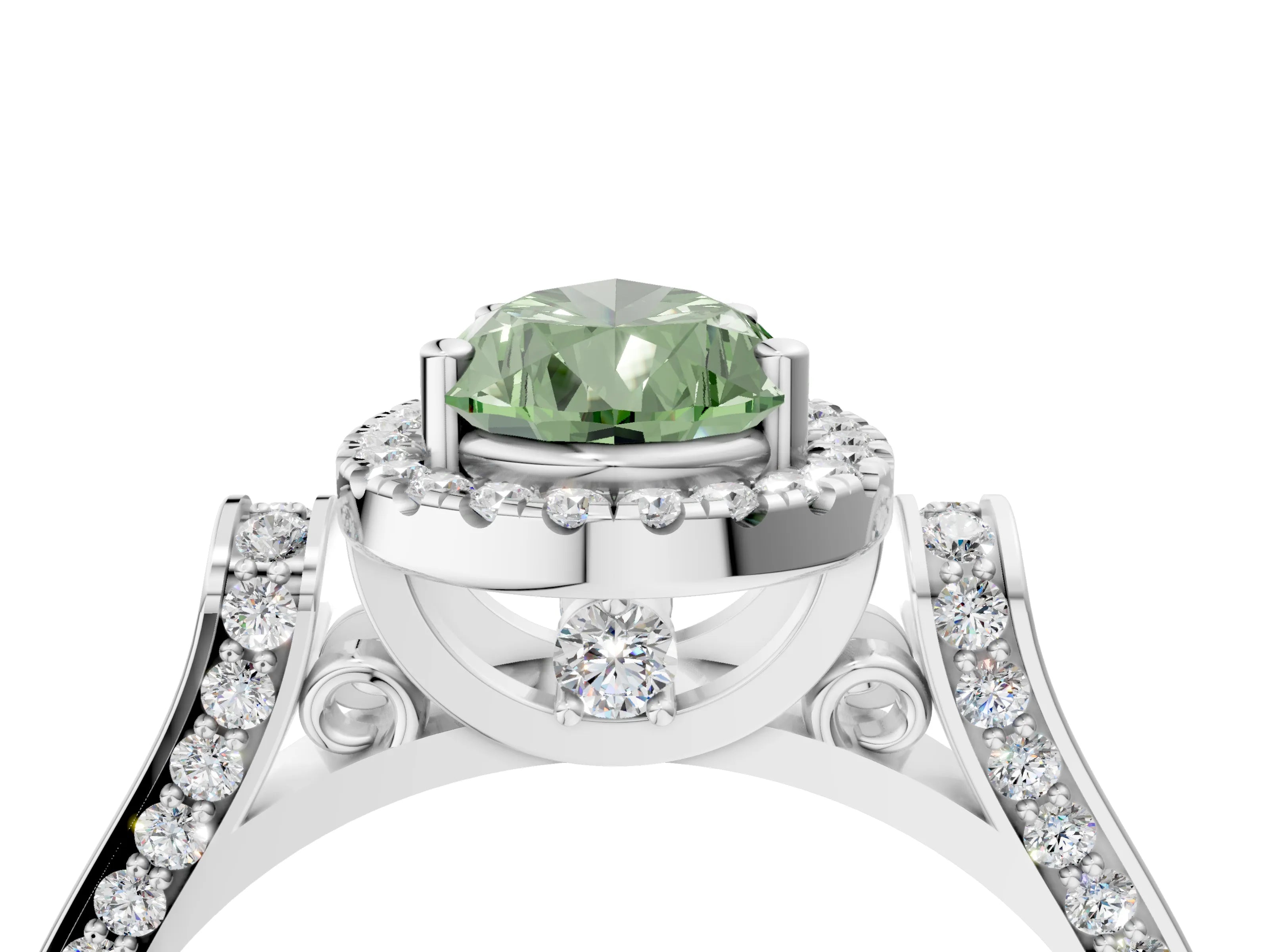 White gold Fancy Green Pear Cut Halo Round Diamond Twist Band with Four-Prong Setting_28