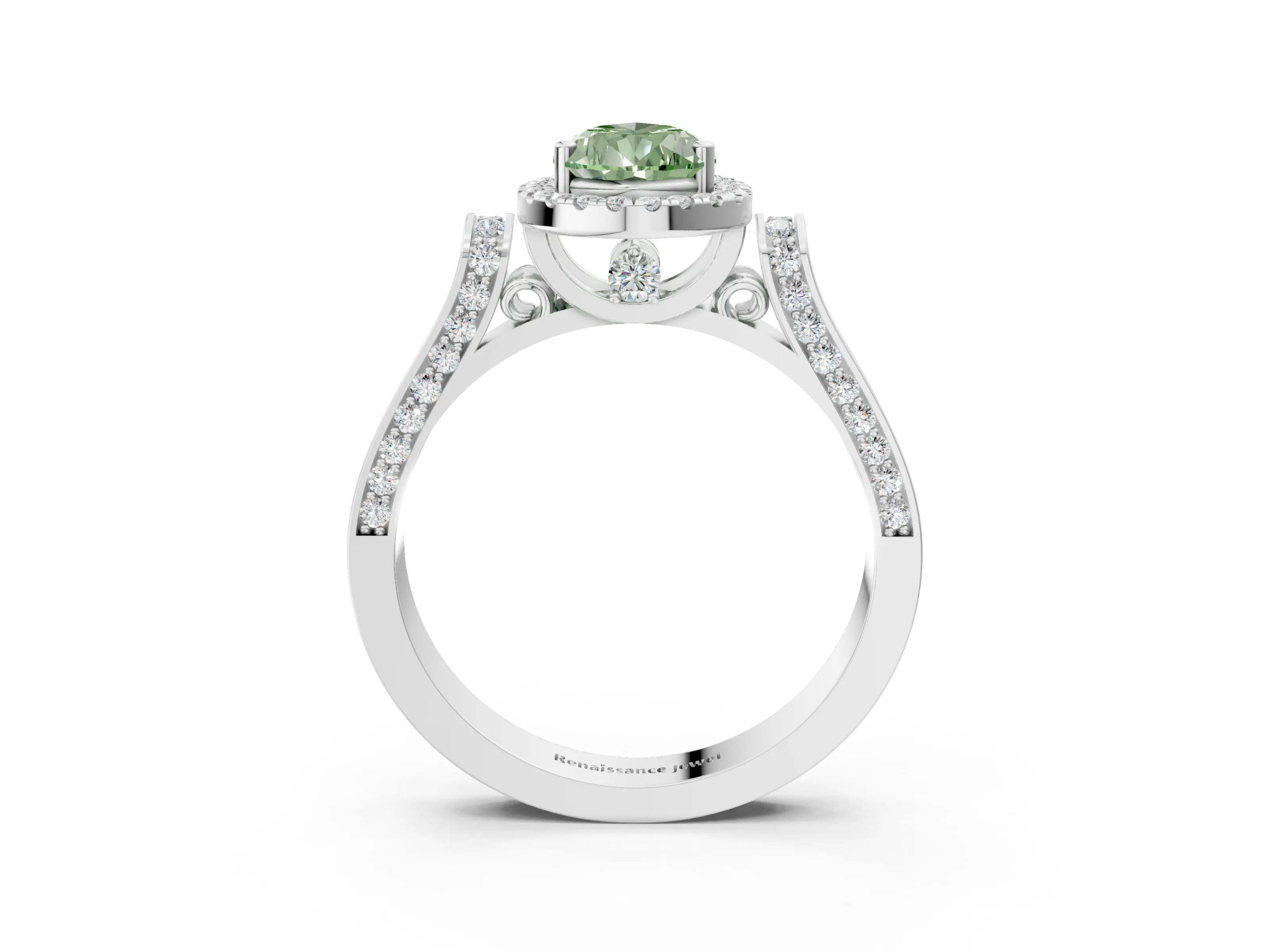 White gold Fancy Green Pear Cut Halo Round Diamond Twist Band with Four-Prong Setting_3