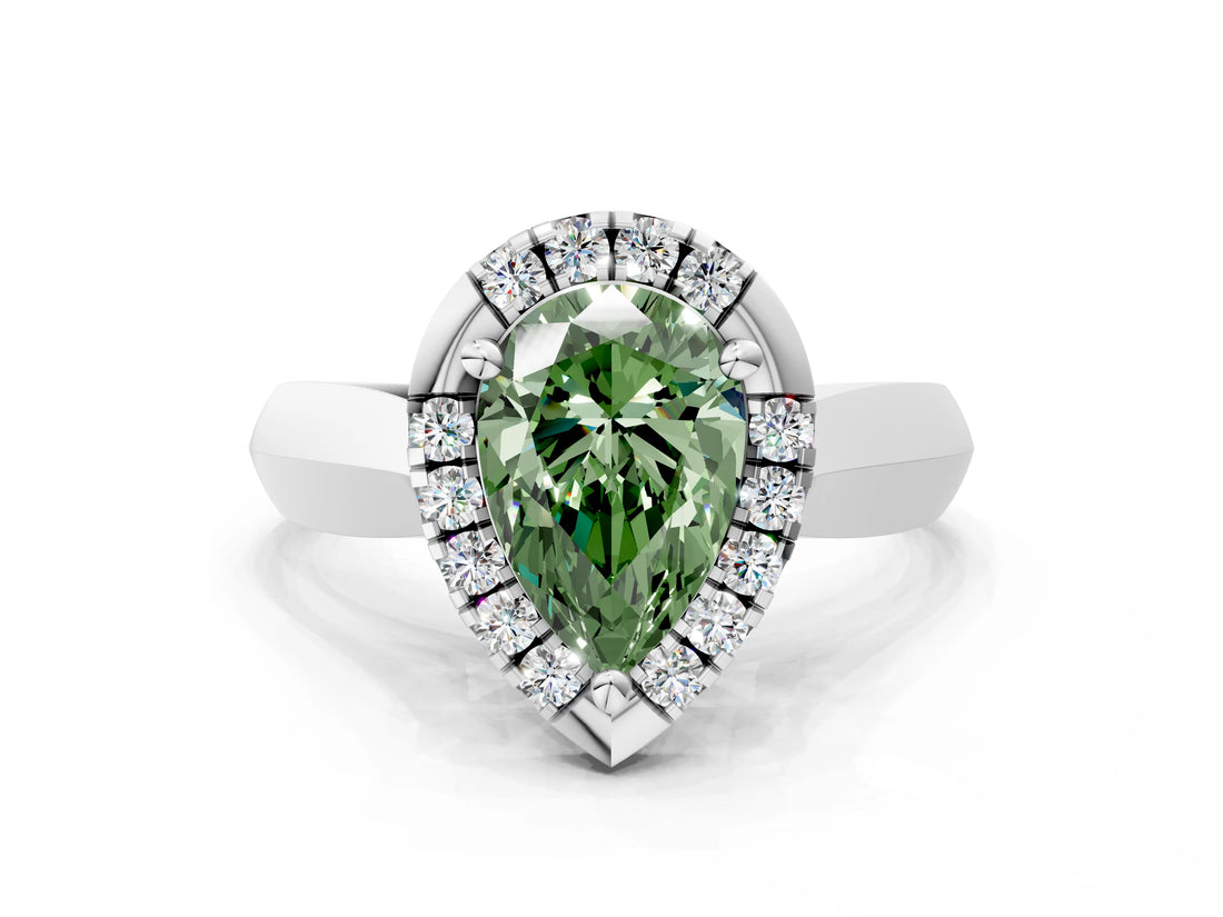 White gold Fancy Green Pear  Cut Halo Solitaire Engagement Ring with Square Band and Four-Prong Setting_126