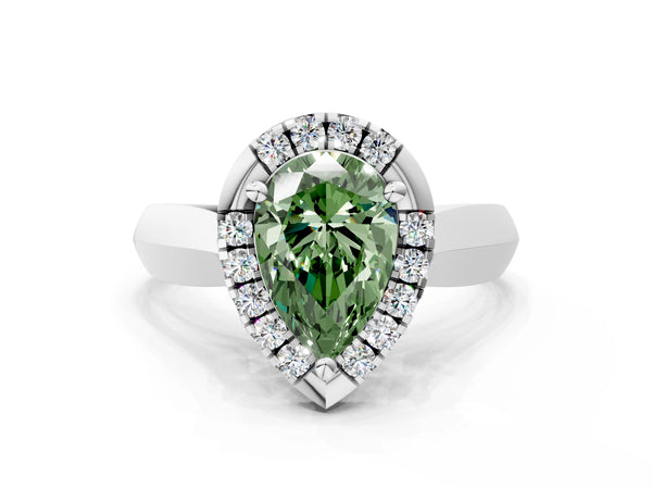 White gold Fancy Green Pear  Cut Halo Solitaire Engagement Ring with Square Band and Four-Prong Setting