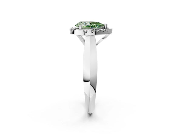 White gold Fancy Green Pear  Cut Halo Solitaire Engagement Ring with Square Band and Four-Prong Setting