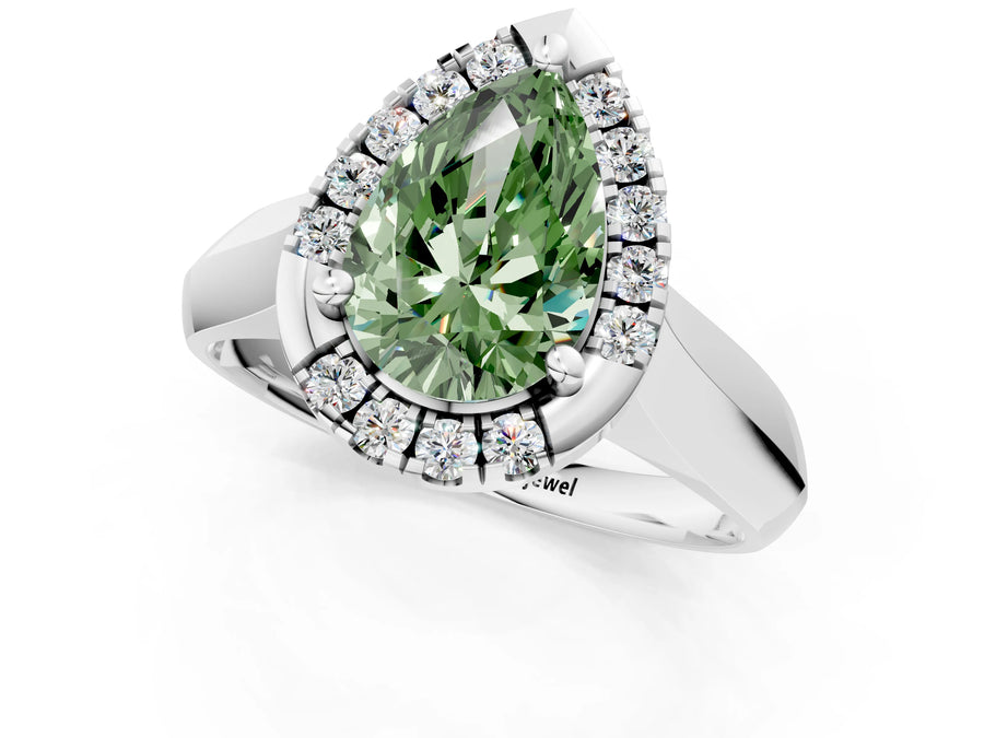 White gold Fancy Green Pear  Cut Halo Solitaire Engagement Ring with Square Band and Four-Prong Setting