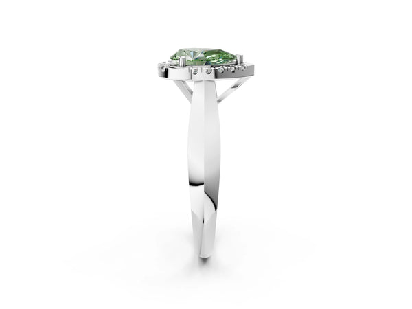 Platinum Fancy Green Pear  Cut Halo Solitaire Engagement Ring with Square Band and Four-Prong Setting