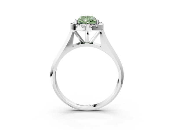 Platinum Fancy Green Pear  Cut Halo Solitaire Engagement Ring with Square Band and Four-Prong Setting