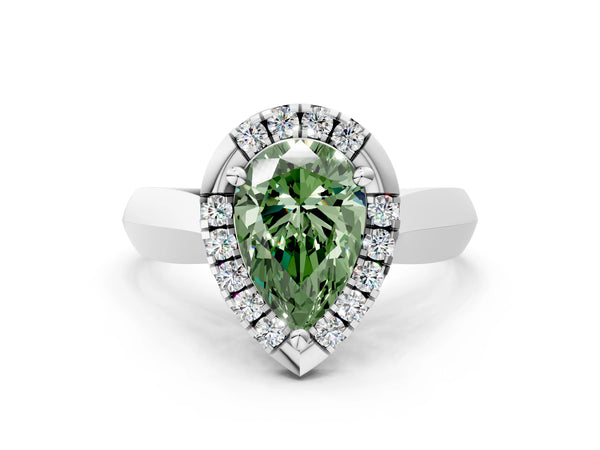 White gold Fancy Green Pear  Cut Halo Solitaire Engagement Ring with Square Band and Four-Prong Setting