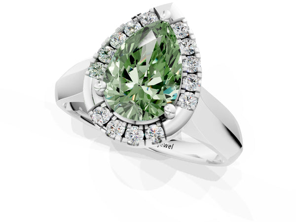 White gold Fancy Green Pear  Cut Halo Solitaire Engagement Ring with Square Band and Four-Prong Setting