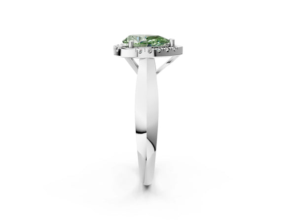 White gold Fancy Green Pear  Cut Halo Solitaire Engagement Ring with Square Band and Four-Prong Setting