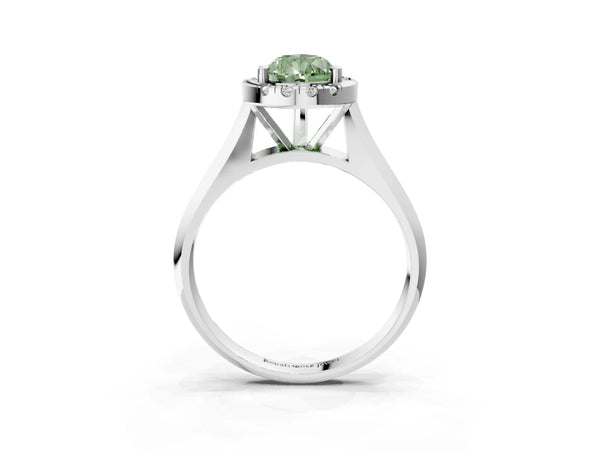 White gold Fancy Green Pear  Cut Halo Solitaire Engagement Ring with Square Band and Four-Prong Setting