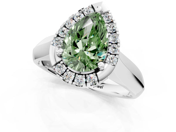 White gold Fancy Green Pear  Cut Halo Solitaire Engagement Ring with Square Band and Four-Prong Setting
