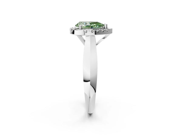 White gold Fancy Green Pear  Cut Halo Solitaire Engagement Ring with Square Band and Four-Prong Setting